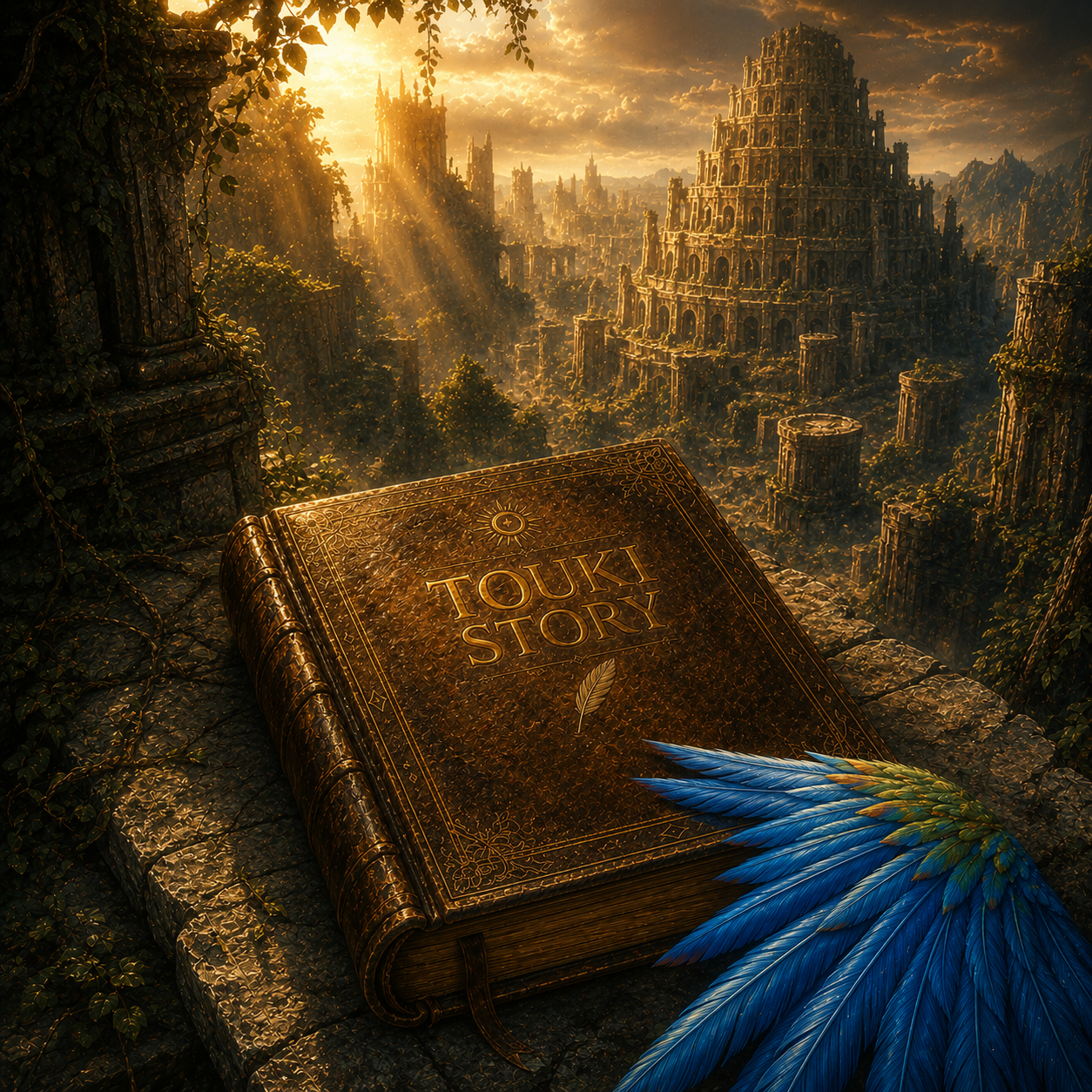 An aged golden book reading 'Touki Story', a single bright parrot feather resting upon it, the ruins of the first tower glowing behind.