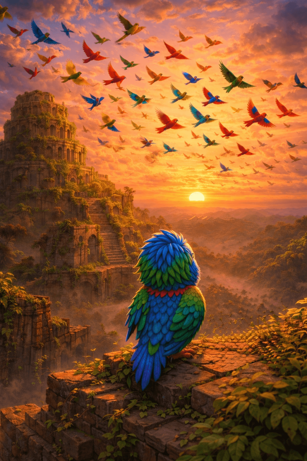 A baby Touki hatching from a glowing egg — the heir of the parrots, just beginning.