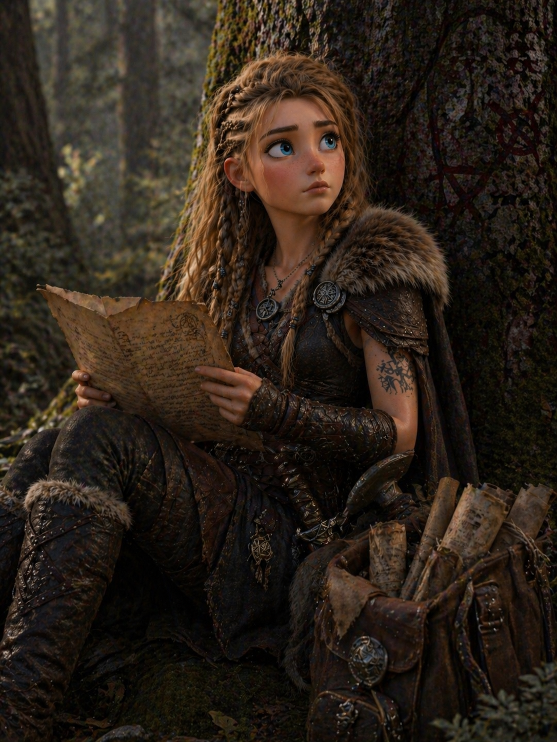 A heroine reads an ancient parchment by a moss-covered tree.