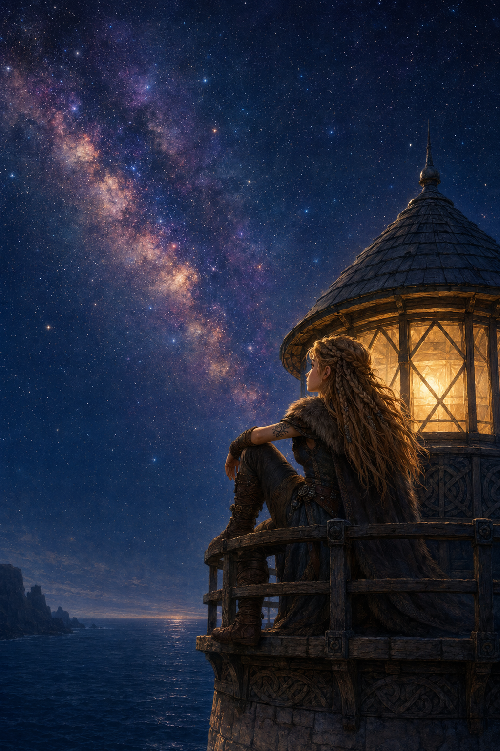 A young heroine sits atop a lighthouse beneath the glowing Milky Way, gazing at the horizon.