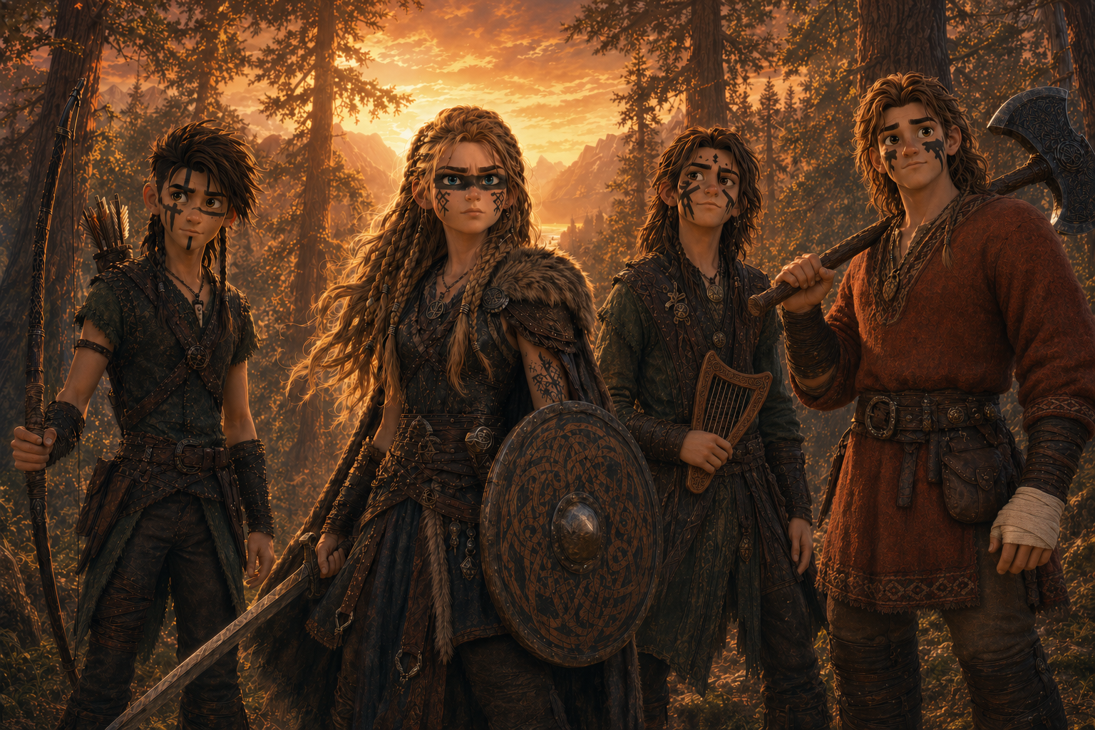 A band of young heroes with painted faces gather together at dusk in the woods.