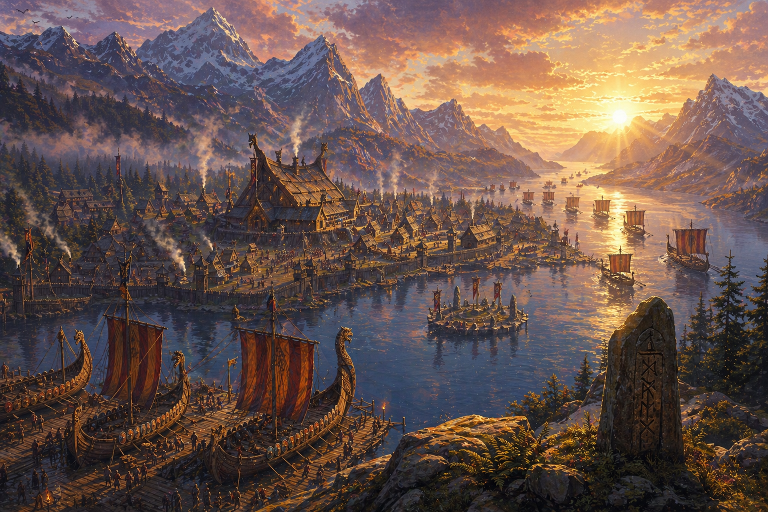 A vast harbour city of longships glows at golden hour beneath snow-capped mountains and a wide fjord.