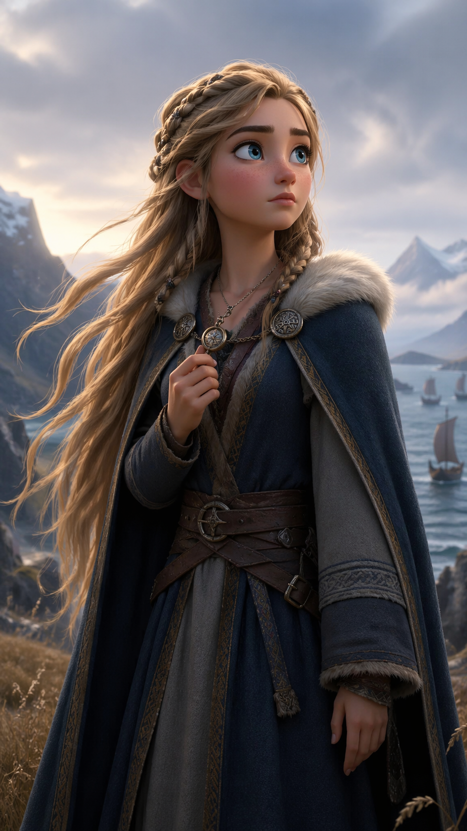 The heroine stands on a windswept coast, gazing toward the open horizon.