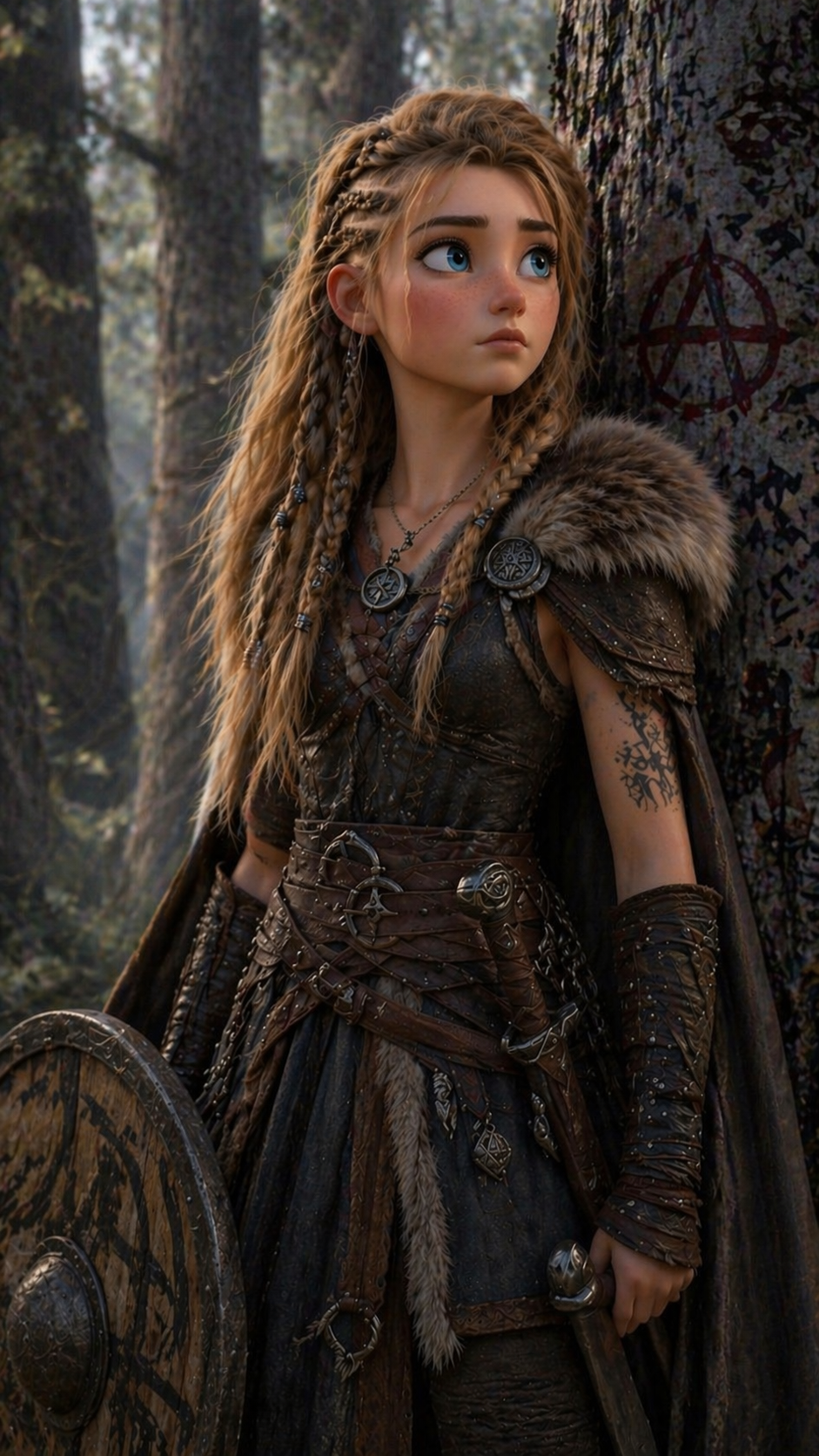 A young heroine in fur-trimmed armour stands among ancient rune-marked trees.