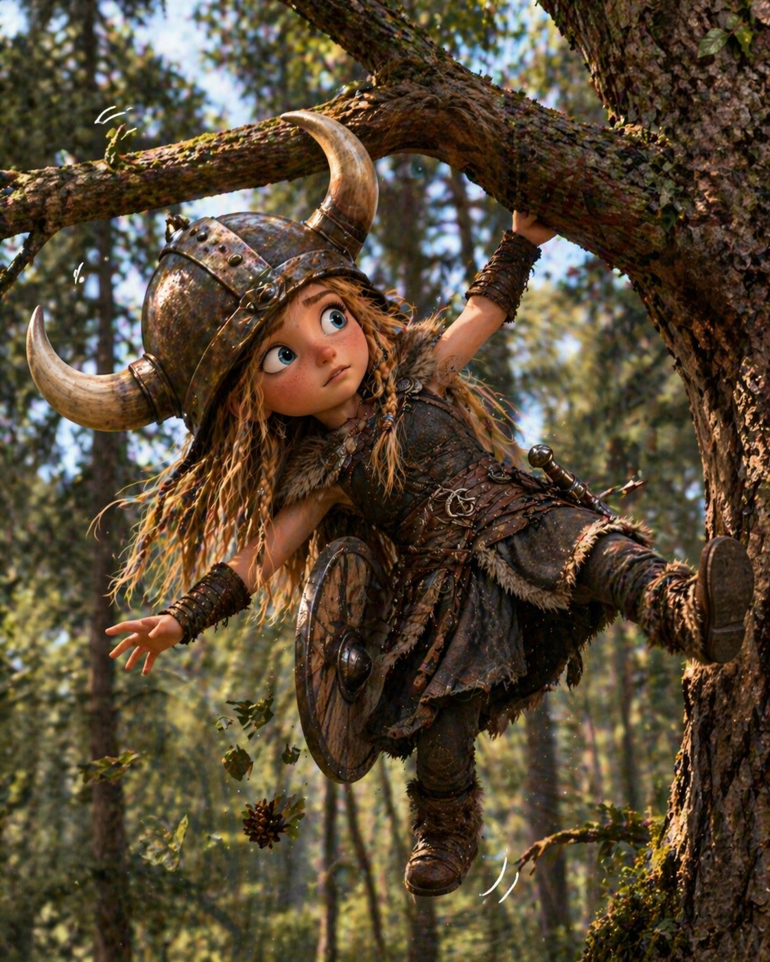 A wide-eyed child in a horned helmet swings from the branches of a forest tree.