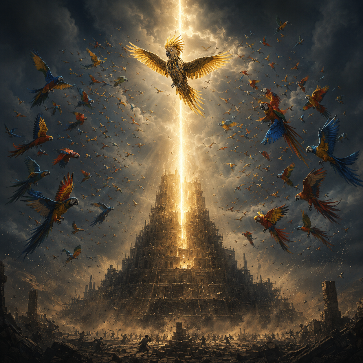 A radiant golden parrot ascends in a shaft of light as a flock of colorful parrots scatters and the first great tower falls below.