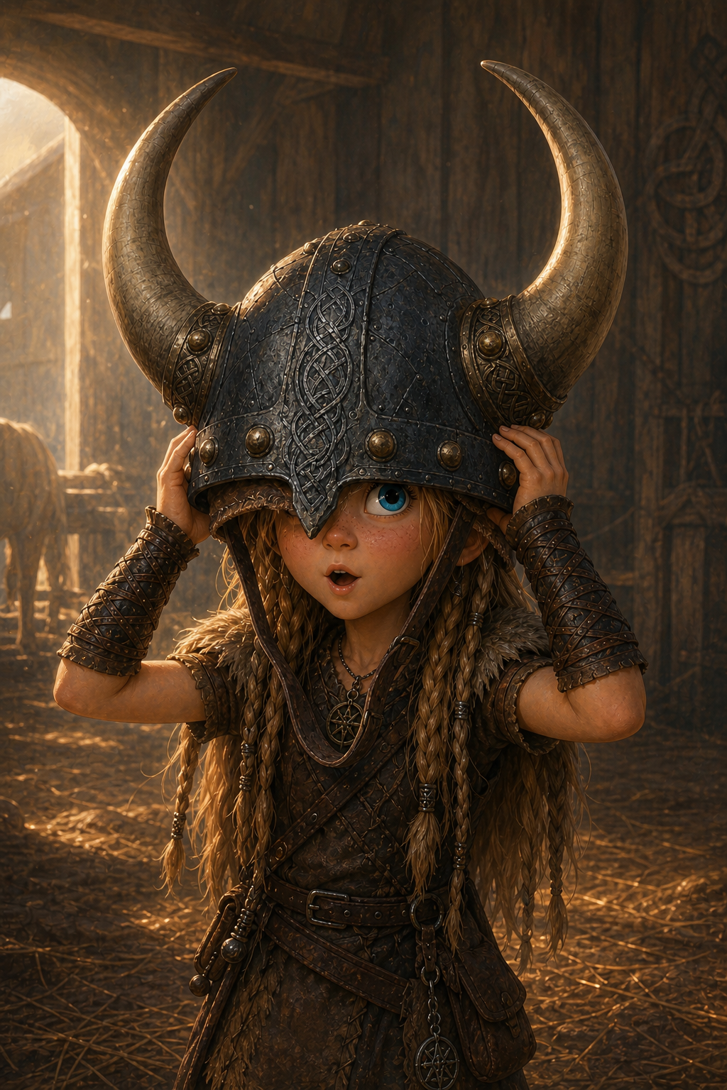 A wide-eyed child tries on a great horned helmet far too big for her.