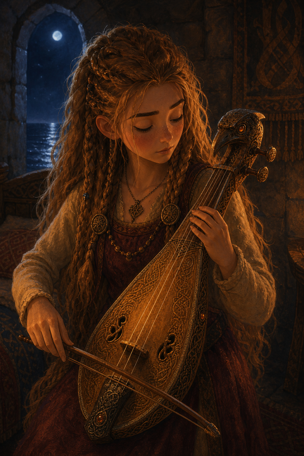 A young heroine plays an ornate bird-headed lyre by candlelight, the moonlit sea glittering beyond an arched window.